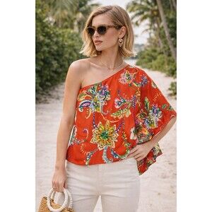 Lauren Ralph Lauren One Shoulder Floral Blouse Red Multicolor Size L